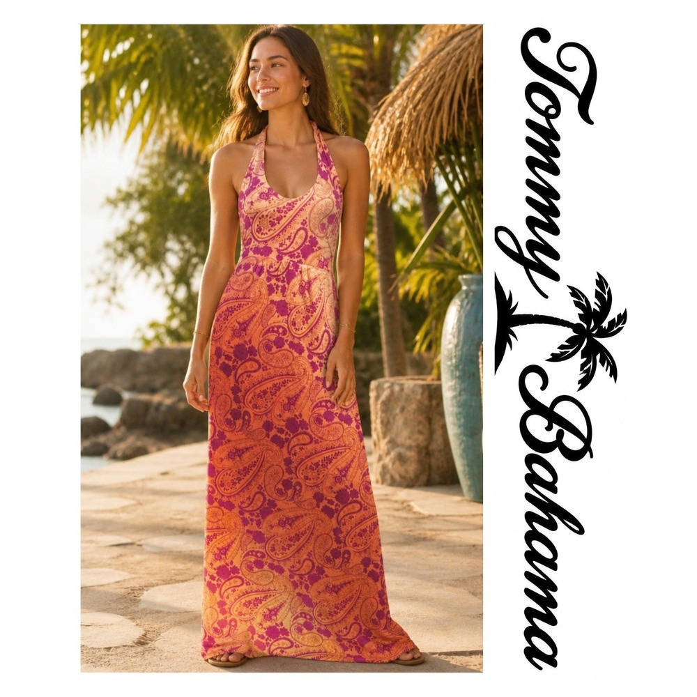 Tommy Bahama Casa Sunrise Orange Paisley Halter Maxi Dress Beach Resort XL